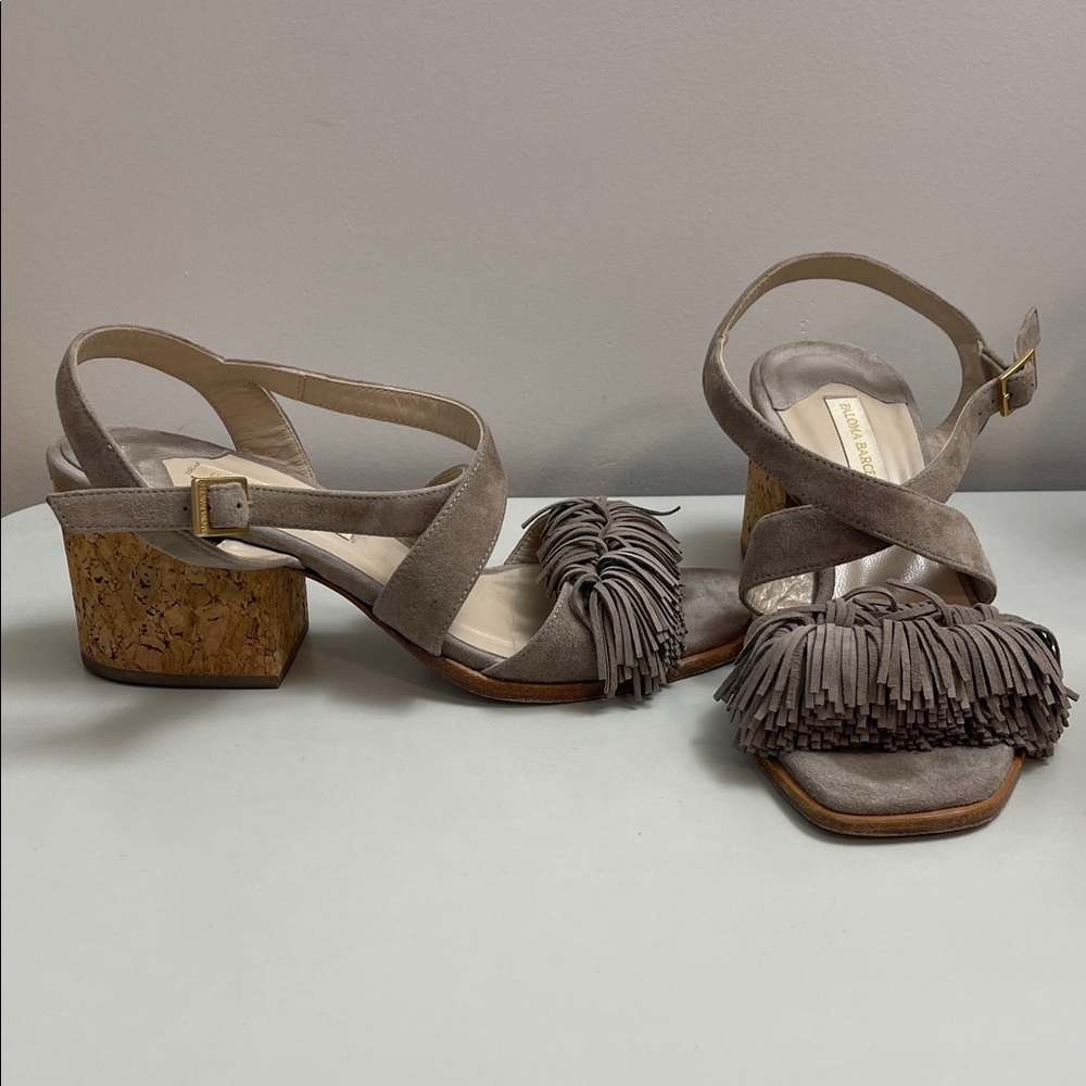 Paloma Barcelo Fringe Suede Sandals with Cork Heel - Taupe
